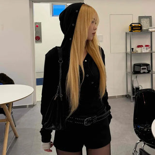 Loose Fit Long Sleeve Hoodie with Cross Snap Button Detail
