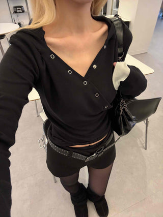 Loose Fit Long Sleeve Hoodie with Cross Snap Button Detail