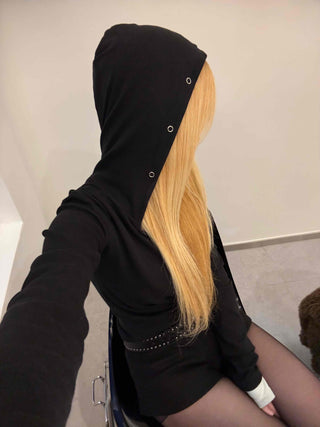 Loose Fit Long Sleeve Hoodie with Cross Snap Button Detail