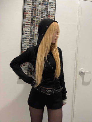 Loose Fit Long Sleeve Hoodie with Cross Snap Button Detail
