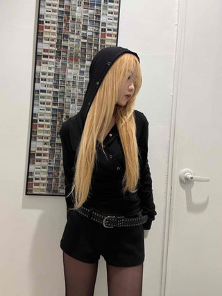 Loose Fit Long Sleeve Hoodie with Cross Snap Button Detail