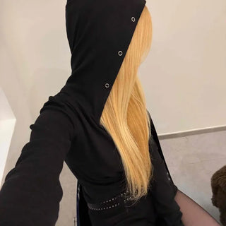 Loose Fit Long Sleeve Hoodie with Cross Snap Button Detail