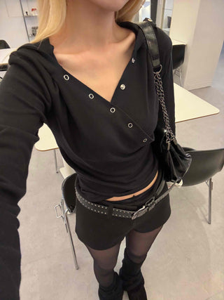 Loose Fit Long Sleeve Hoodie with Cross Snap Button Detail