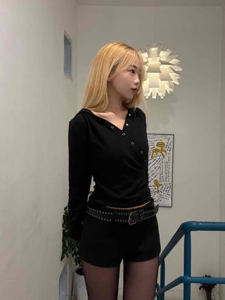 Loose Fit Long Sleeve Hoodie with Cross Snap Button Detail