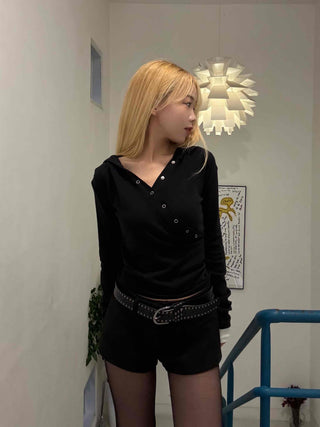 Loose Fit Long Sleeve Hoodie with Cross Snap Button Detail