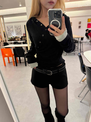 Loose Fit Long Sleeve Hoodie with Cross Snap Button Detail