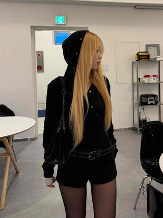 Loose Fit Long Sleeve Hoodie with Cross Snap Button Detail