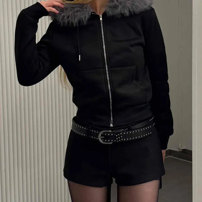 Chic Slim Fit Flat Fur Crop Zip-Up Hoodie