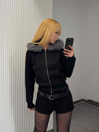 Chic Slim Fit Flat Fur Crop Zip-Up Hoodie