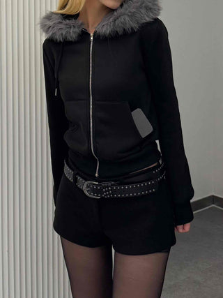 Chic Slim Fit Flat Fur Crop Zip-Up Hoodie