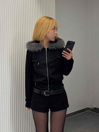 Chic Slim Fit Flat Fur Crop Zip-Up Hoodie