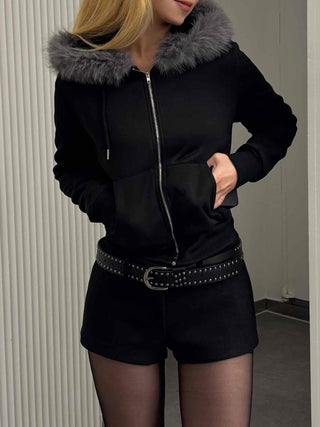 Chic Slim Fit Flat Fur Crop Zip-Up Hoodie