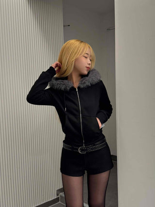 Chic Slim Fit Flat Fur Crop Zip-Up Hoodie