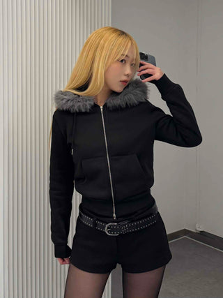 Chic Slim Fit Flat Fur Crop Zip-Up Hoodie