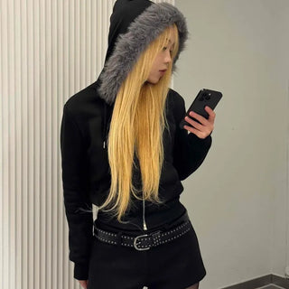 Chic Slim Fit Flat Fur Crop Zip-Up Hoodie