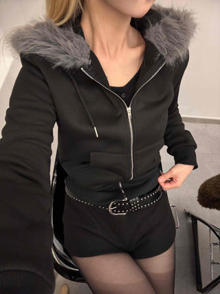 Chic Slim Fit Flat Fur Crop Zip-Up Hoodie