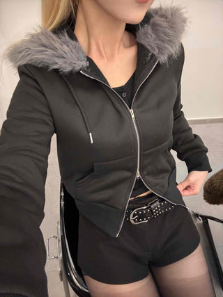 Chic Slim Fit Flat Fur Crop Zip-Up Hoodie