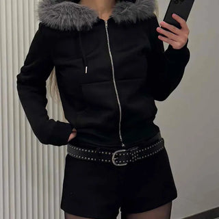 Chic Slim Fit Flat Fur Crop Zip-Up Hoodie