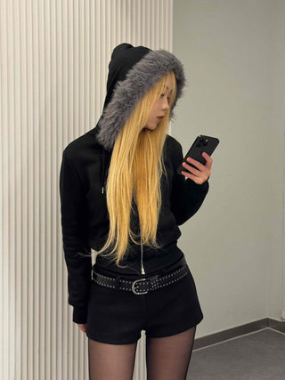 Chic Slim Fit Flat Fur Crop Zip-Up Hoodie