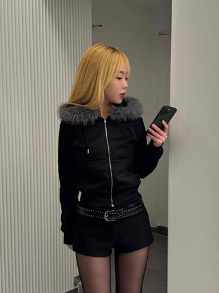 Chic Slim Fit Flat Fur Crop Zip-Up Hoodie