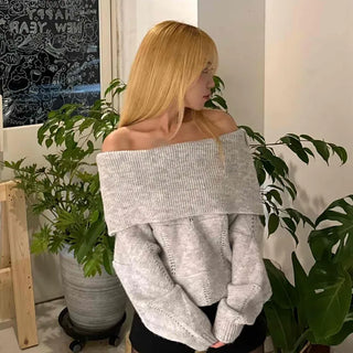 Off-shoulder Punched Foldover Loose Fit Knit