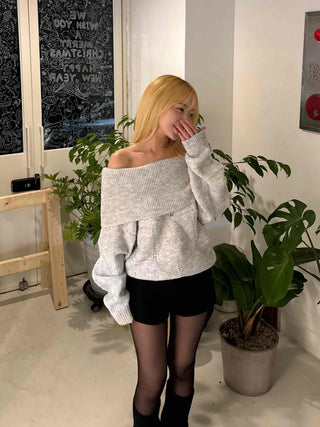 Off-shoulder Punched Foldover Loose Fit Knit