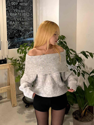 Off-shoulder Punched Foldover Loose Fit Knit