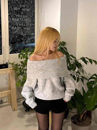 Off-shoulder Punched Foldover Loose Fit Knit