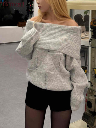 Off-shoulder Punched Foldover Loose Fit Knit