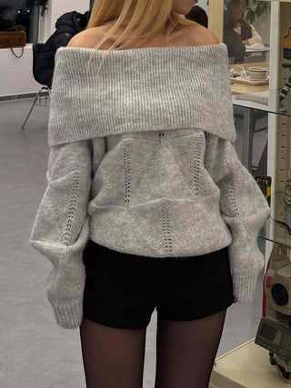 Off-shoulder Punched Foldover Loose Fit Knit