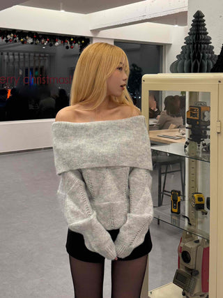 Off-shoulder Punched Foldover Loose Fit Knit