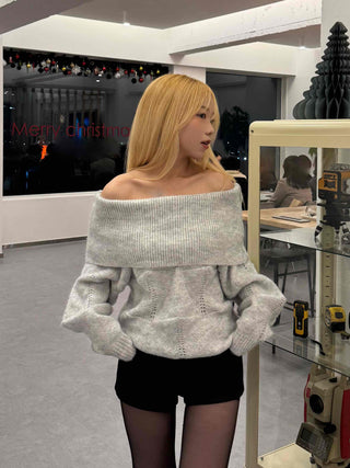 Off-shoulder Punched Foldover Loose Fit Knit
