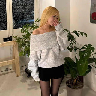 Off-shoulder Punched Foldover Loose Fit Knit