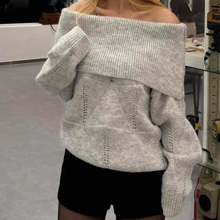 Off-shoulder Punched Foldover Loose Fit Knit