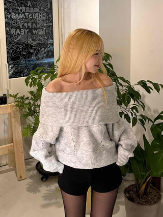 Off-shoulder Punched Foldover Loose Fit Knit