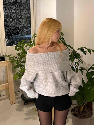 Off-shoulder Punched Foldover Loose Fit Knit
