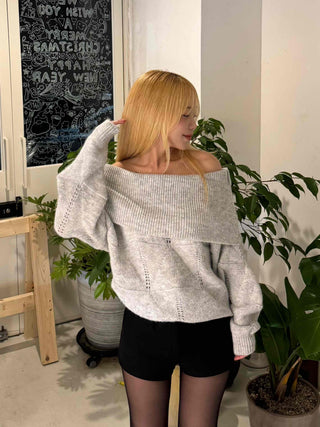 Off-shoulder Punched Foldover Loose Fit Knit
