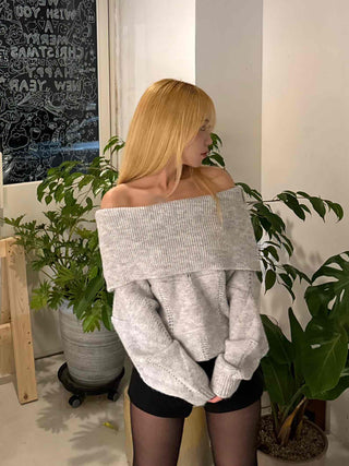 Off-shoulder Punched Foldover Loose Fit Knit