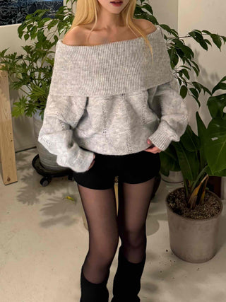 Off-shoulder Punched Foldover Loose Fit Knit