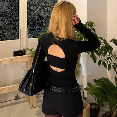 Back Open Cutout Slim Round Neck Long Sleeve T-shirt