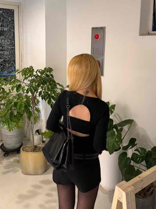 Back Open Cutout Slim Round Neck Long Sleeve T-shirt