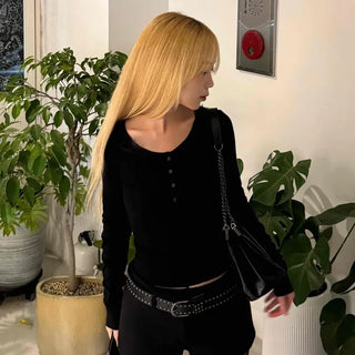 Back Open Cutout Slim Round Neck Long Sleeve T-shirt