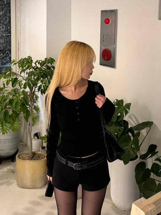 Back Open Cutout Slim Round Neck Long Sleeve T-shirt