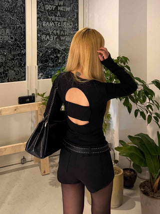 Back Open Cutout Slim Round Neck Long Sleeve T-shirt