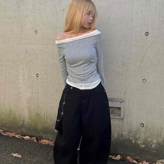 Sexy Off-Shoulder Shirred Slim Fit Long Sleeve T-Shirt