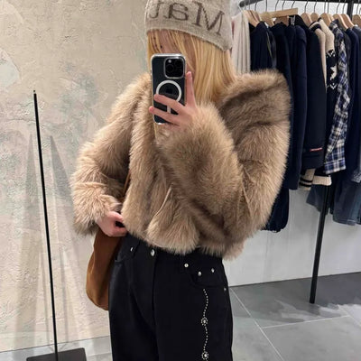 Luxury Voluminous Fur Zipper Hooded Cropped Jacket