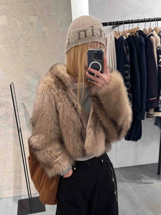 Luxury Voluminous Fur Zipper Hooded Cropped Jacket