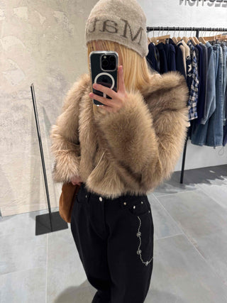 Luxury Voluminous Fur Zipper Hooded Cropped Jacket