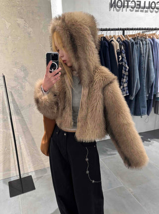 Luxury Voluminous Fur Zipper Hooded Cropped Jacket
