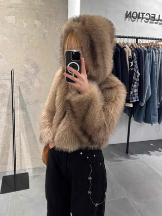 Luxury Voluminous Fur Zipper Hooded Cropped Jacket
